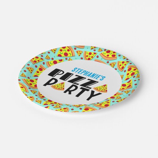 Modern Kids Pizza Birthday Party Individuelle Name Pappteller (Schrägansicht)