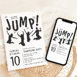Modern Kids Trampolin Party Geburtstagsparty Einladung<br><div class="desc">Springen Sie mit uns in den Spaß! Feiern Sie den besonderen Tag Ihres Kindes mit unserer stilvollen Trampolin-Geburtstagsfeier. Unser schlichtes Schwarz-Weiß-Design,  mit Silhouetten von Kindern,  die eine Explosion haben,  wird ihren großen Tag zu einem unvergesslichen Erlebnis machen! Einladungsvorlage enthalten.</div>