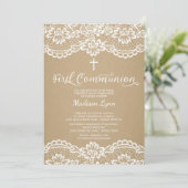 Modern Kraft Lace First Holy Community Einladung (Stehend Vorderseite)