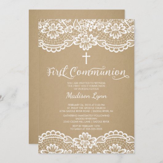 Modern Kraft Lace First Holy Community Einladung (Vorne/Hinten)