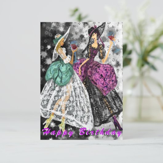 Modern Ladys Drinks Wine Happy Birthday Card (Stehend Vorderseite)