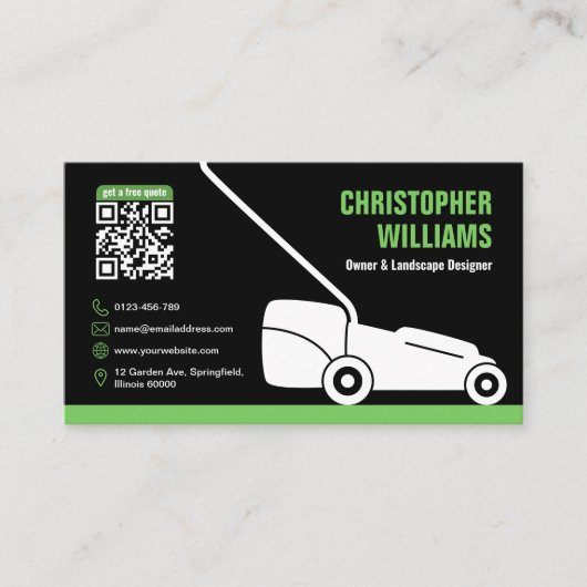 Modern Landscaping Lawn Mowing Black Green QR Code Visitenkarte (Vorderseite)