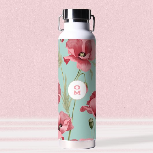 Modern Large Pink Poppy Wildblume Monogram Trinkflasche
