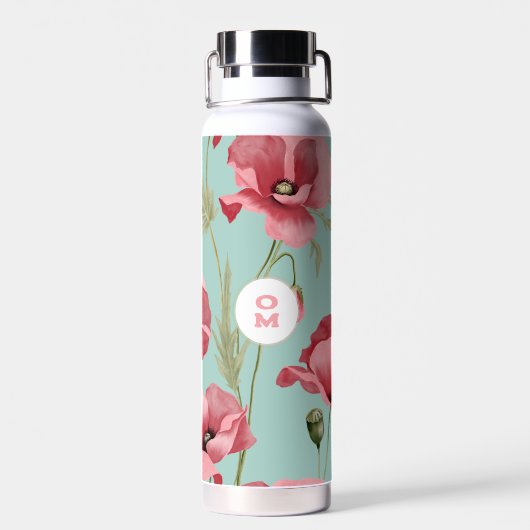Modern Large Pink Poppy Wildblume Monogram Trinkflasche (Rückseite)