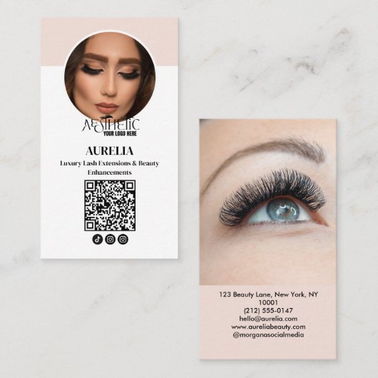 Modern Lashes QR-Code Foto Blush Pink Logo Visitenkarte (Vorne/Hinten)