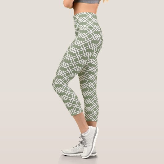 Modern Lattice Geometric Sage Green Jade & White Capri Leggings (Links)
