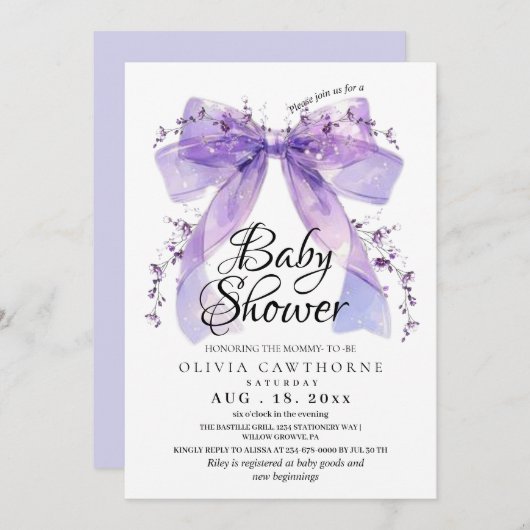 Modern Lavender Bow and Flowers Baby Shower Einladung (Vorne/Hinten)
