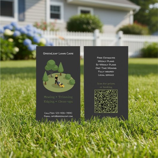 Modern Lawn Mowing Service Business Card with QR  Visitenkarte