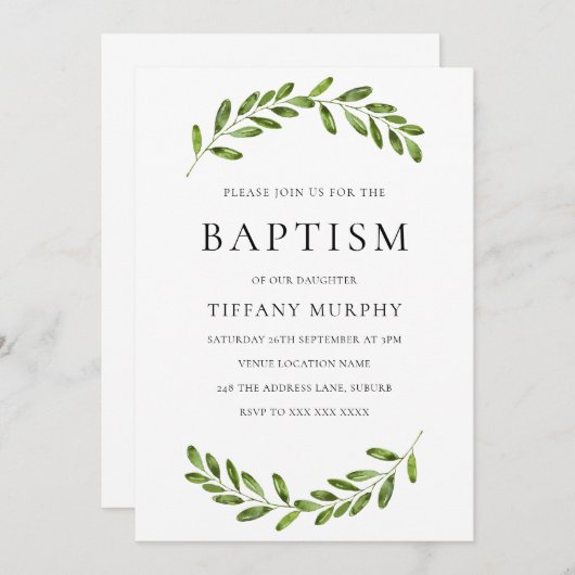 Modern Leaf Wreath Boy Girl Taufe Einladung (Vorne/Hinten)