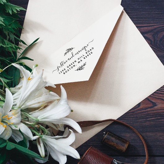 Modern Leaves Custom Script Wedding Return Address Permastempel