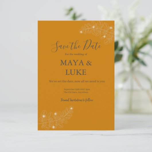 Modern leaves Marigold colour  Save The Date (Stehend Vorderseite)