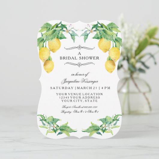 Modern Lemon Citrus Floral Elegant Bridal Shower Einladung (Stehend Vorderseite)