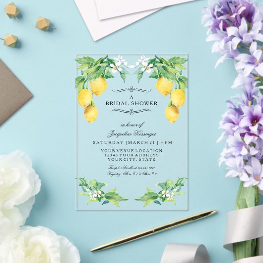 Modern Lemon Elegant Floral Blue Bridal Shower Acryleinladungen (In Situ (Hochzeit))