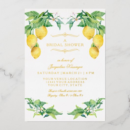 Modern Lemon Elegant Floral Gold Bridal Shower Folieneinladung (Vorderseite)