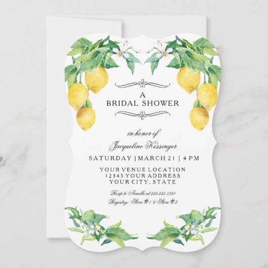 Modern Lemon Floral Elegant Blue Bridal Shower Einladung (Vorderseite)