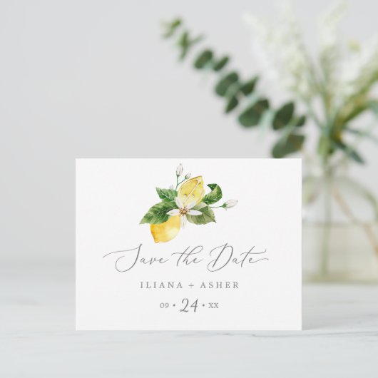 Modern Lemon Garden Save the Date Postkarte (Stehend Vorderseite)