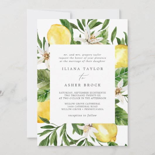 Modern Lemon Garden Wedding Einladung (Vorderseite)
