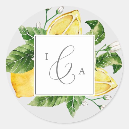 Modern Lemon | Gray Monogram Wedding Umschlag Aufk Runder Aufkleber (Vorderseite)