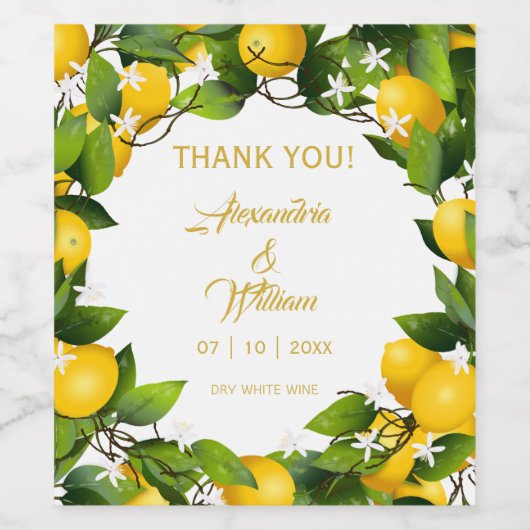 Modern Lemon Wreath Garden | Hochzeit Weinetikett (Einzelnes Label)
