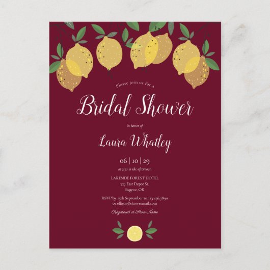 Modern Lemons Burgundy Bridal Dusche Einladung (Vorderseite)