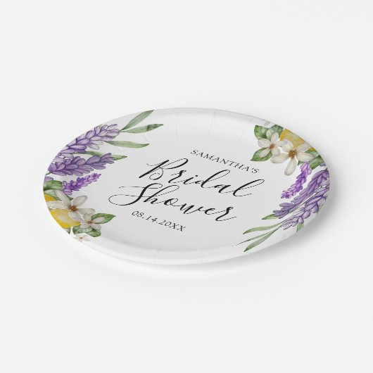 Modern Lemons & Lavender Bridal Shower  Pappteller (Schrägansicht)