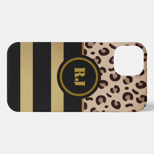 Modern Leonard Print Gold Black Strips Monogramm iPhone Hülle (Rückseite (Horizontal))