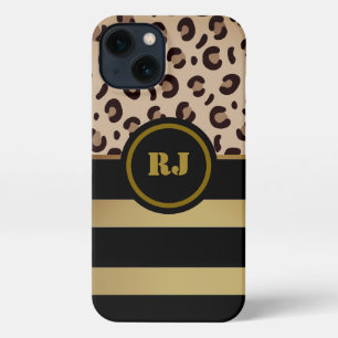 Modern Leonard Print Gold Black Strips Monogramm iPhone 13 Hülle