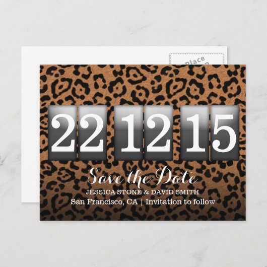 Modern Leopard Print Save the Date Ankündigungspostkarte (Vorne/Hinten)