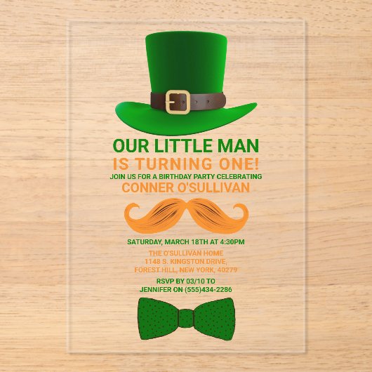 Modern Leprechaun St. Patrick's any Age Birthday Acryleinladungen (Vorderseite)