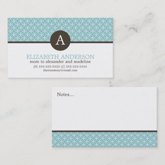 Modern Light Blue Circles Muster Monogram Telefonnummerkarte (Vorne/Hinten)