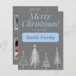 Modern Light Blue und Dark Gray Frohe Weihnachten<br><div class="desc">Wünschen Sie Freunden und Familie ein frohes Weihnachtsfest mit diesen modernen hellblauen und dunkelgrauen Weihnachtskarten. Die Vorderseite dieser individuell anpassbaren Weihnachtskarten erlaubt es Ihnen,  Ihren Familiennamen hinzuzufügen,  während die Rückseite Ihnen erlaubt,  diese modernen Weihnachtskarten durch das Hinzufügen von drei verschiedenen Fotos weiter zu personalisieren.</div>