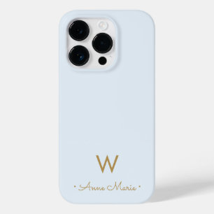 Modern Light Dusty Blue Gold Script Monogram Case-Mate iPhone 14 Pro Hülle