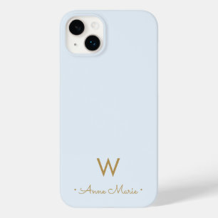 Modern Light Dusty Blue Gold Script Monogram Case-Mate iPhone 14 Plus Hülle