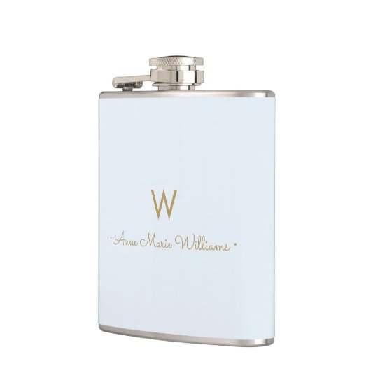 Modern Light Dusty Blue Gold Script Monogram Flachmann (Links)