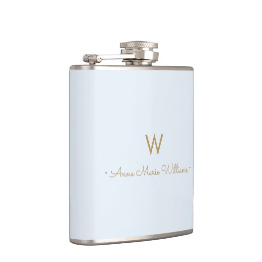Modern Light Dusty Blue Gold Script Monogram Flachmann (Rechts)