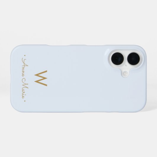 Modern Light Dusty Blue Gold Script Monogram iPhone 16 Hülle (Rückseite (Horizontal))