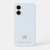 Modern Light Dusty Blue Gold Script Monogram iPhone 16 Hülle (Rückseite)