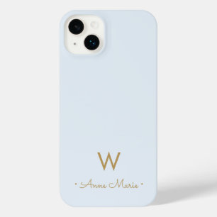 Modern Light Dusty Blue Gold Script Monogram iPhone 14 Plus Hülle