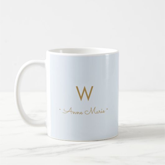 Modern Light Dusty Blue Gold Script Monogram Kaffeetasse (Links)