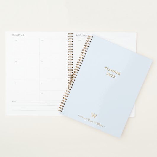 Modern Light Dusty Blue Gold Script Monogram Planer (Anzeige)