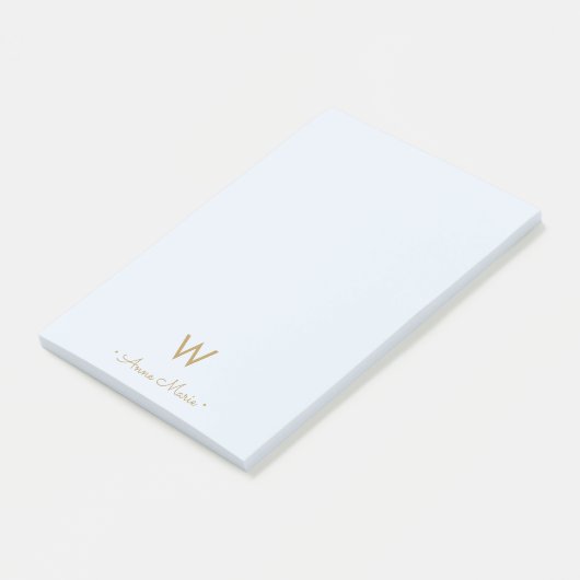 Modern Light Dusty Blue Gold Script Monogram Post-it Klebezettel (angewinkelt)
