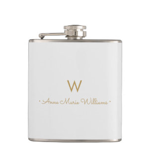 Modern Light Gray Gold Script Monogram Flachmann