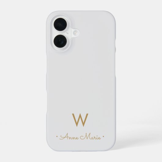 Modern Light Gray Gold Script Monogram iPhone 16 Hülle (Rückseite)