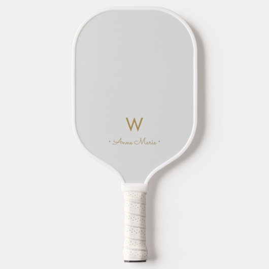 Modern Light Gray Gold Script Monogram Pickleball Schläger (Vorderseite)