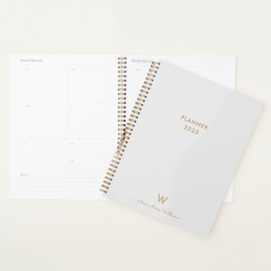 Modern Light Gray Gold Script Monogram Planer (Anzeige)