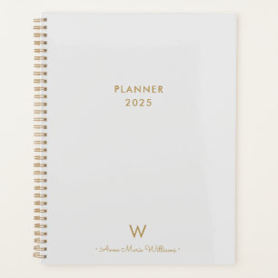 Modern Light Gray Gold Script Monogram Planer