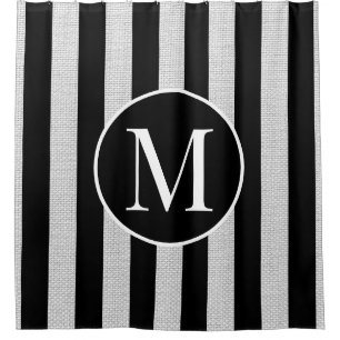 Modern Light Gray Linen Black Stripes Monogramm Duschvorhang