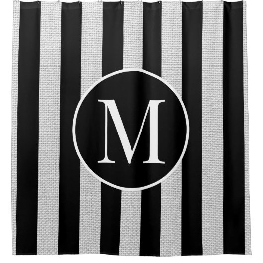 Modern Light Gray Linen Black Stripes Monogramm Duschvorhang (Vorderseite)