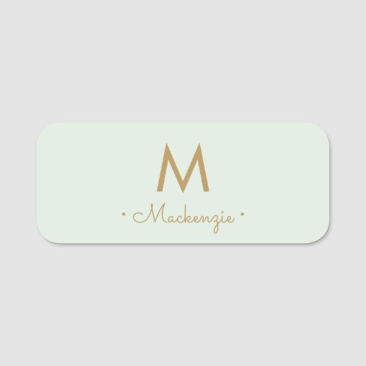 Modern Light Sage Green Gold Script Monogram Namensschild (Vorderseite)