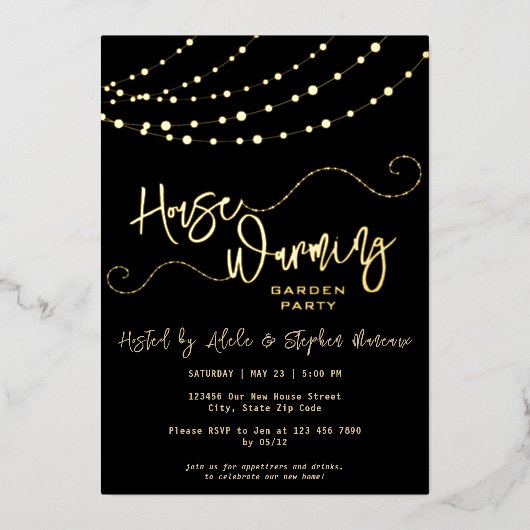 Modern Light String Script Housewarming Party Gold Folieneinladung (Vorderseite)